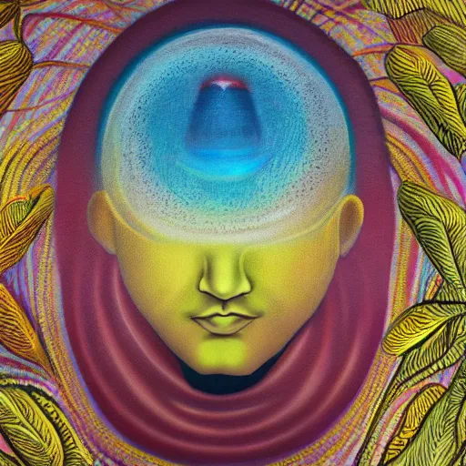 Prompt: a surreal painting of a golden faceless man during in a ayahuasca hallucination