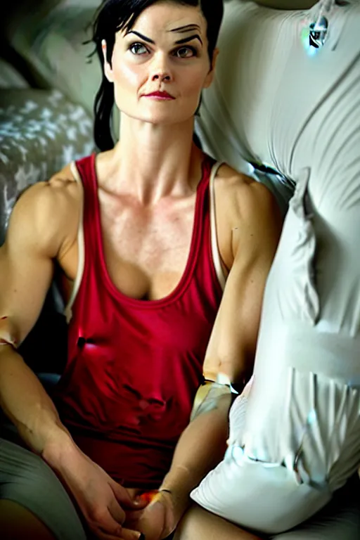 Prompt: realistic photograph. warrior woman, 2 7, in her bedclothes. tight white tanktop shows strong feminine figure. loose comfortable red pajama pants. jaimie alexander. delicate jawline. short hair, straight, ravenblack. faircomplected but tan. tall gracile, but thick ripped jacked vascular buff muscular arms and large ample bust.