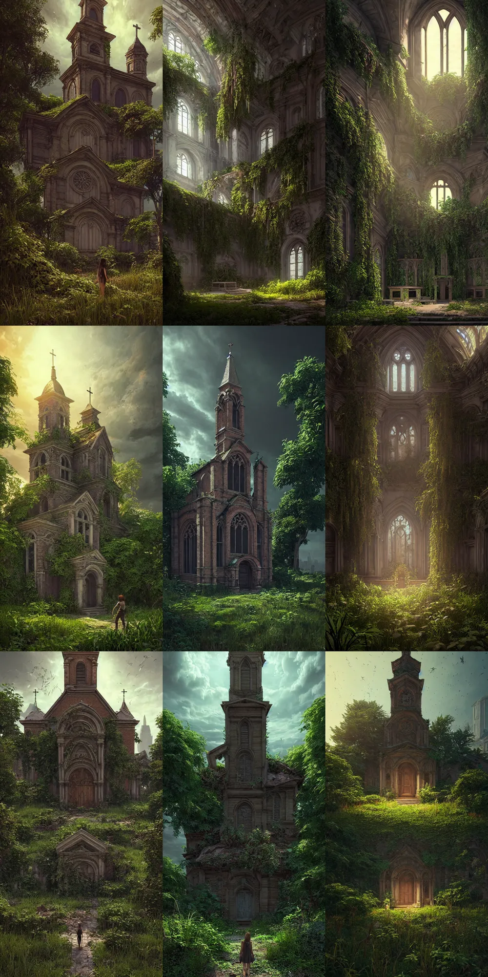 Prompt: abandoned chapel with wildly growing plants, insanely detailed. instagram photo, kodak portra. by wlop, ilya kuvshinov, krenz cushart, greg rutkowski, pixiv. zbrush sculpt, octane, maya, houdini, vfx. huge cityscape. cinematic dramatic atmosphere, sharp focus, volumetric lighting