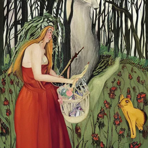 Prompt: In the experimental art Vasilisa can be seen standing in the forest, surrounded by animals. She is holding a basket of flowers in one hand and a spindle in the other. Her face is turned towards the viewer, with a gentle expression. In the background, the forest is depicted as a dark and mysterious place. american romanticism, Pokémon by Lucian Freud, by Marjorie Miller defined, blocks