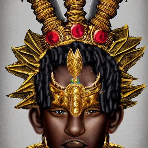 Image similar to a young black boy dressed like an african moorish warrior in gold armor and a crown with a ruby, posing with a very ornate glowing electric spear!!!!, for honor character digital illustration portrait design, by android jones in a psychedelic fantasy style, dramatic lighting, hero pose, wide angle dynamic portrait