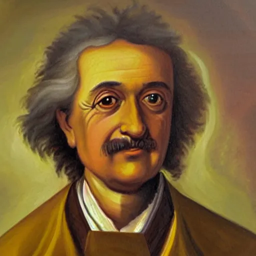 Prompt: oil painting portrait of the lovechild of Isaac Newton and Albert Einstein