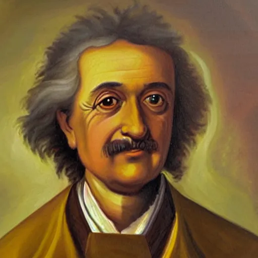 Image similar to oil painting portrait of the lovechild of Isaac Newton and Albert Einstein