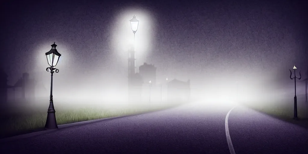 Image similar to curved perspective epic illustration of night city with curly victorian street lamp in a foggy field from tim burton nightmare before christmas