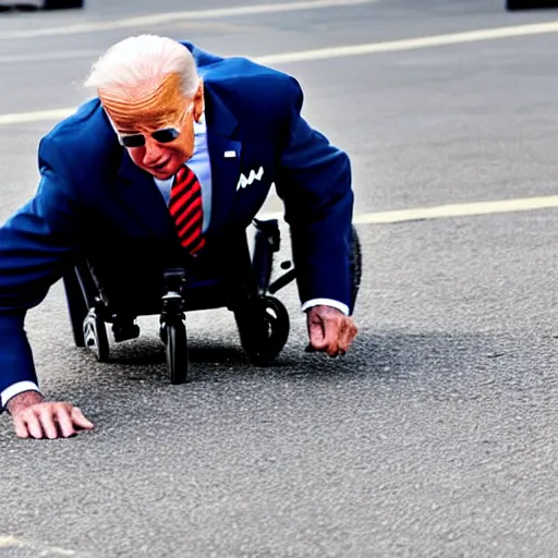 Image similar to joe biden falling off his wheelchair faceplanting on the ground, award winning photo