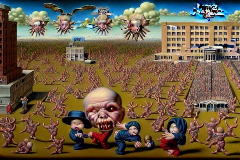 Image similar to a sparsely populated strange battle in an old hospital between old people and babies Robert Williams Mark Ryden and Alex Gross, Todd Schorr highly detailed deep perspective perfect composition