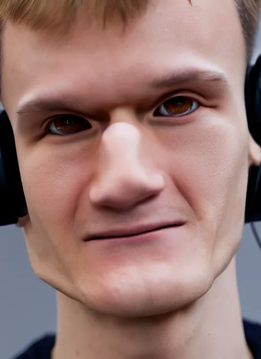 Image similar to perfect symmetric face, coherent eyes. vitalik buterin in headphones. close up, high detail, very sharp, 4 k, hayao miyazaki