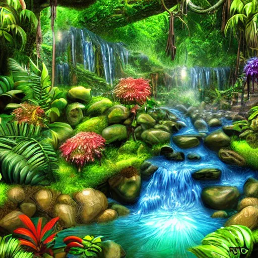 Image similar to beautiful jungle landscape with waterfalls, stones, rocks, plants, flowers, sun rays, warm, sunny, realistic digital art