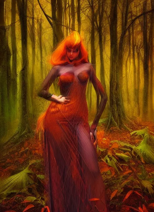 Prompt: junoesque curvaceous fey queen, vine dress, glowing forest, strong line, eerie color, beautiful! coherent! by mariusz lewandowski