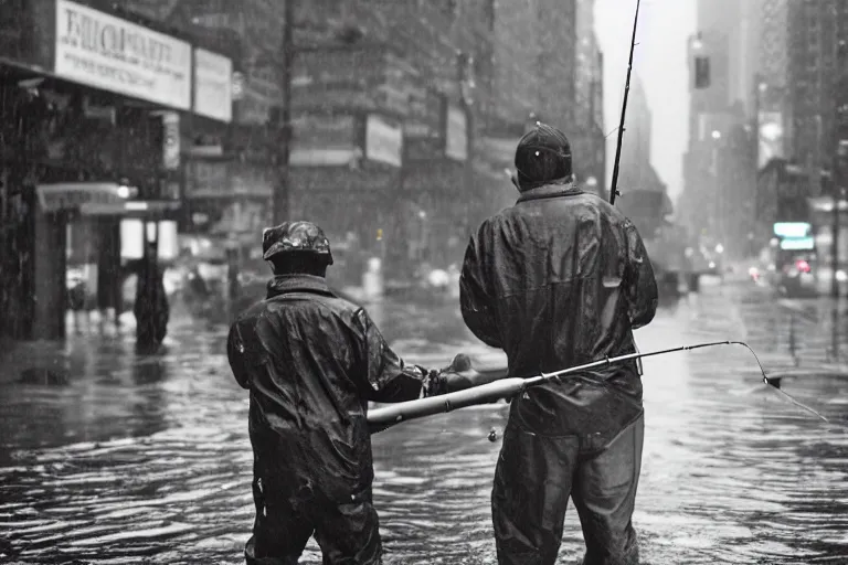 Prompt: fisherman with fishing rods catching and holding fish in a rainy new york street, photograph, natural light, sharp, detailed face, magazine, press, photo, Steve McCurry, David Lazar, Canon, Nikon, focus