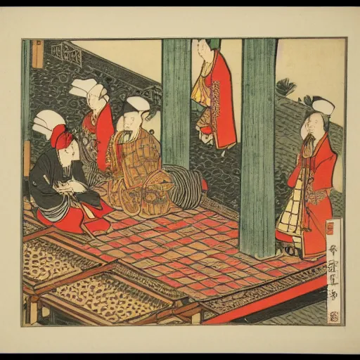 Prompt: late meiji period, colored woodblock print, ottoman sultanate