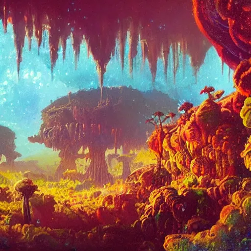 Prompt: illustration of a lush natural scene on an alien planet by paul lehr. extremely detailed. beautiful landscape. weird vegetation. cliffs and water.