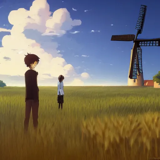 Image similar to a group of black - headed sheeps in a wheat field in front of a windmill by makoto shinkai and lois van baarle, ilya kuvshinov, rossdraws global illumination