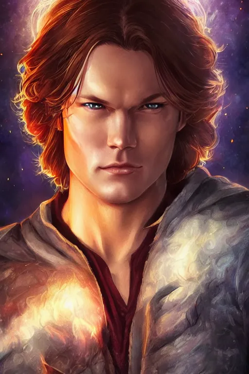 Prompt: sam winchester as a mage in the cover of an acotar book. d & d!, fantasy style, sharp focus!, ultra detailed, art by artgerm, wlop, ilya kuvshinov