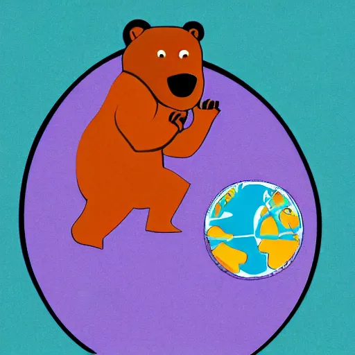 Image similar to cartoon illustration of a bear mascot being launched from a futuristic marble planet, purple and orange cloudland