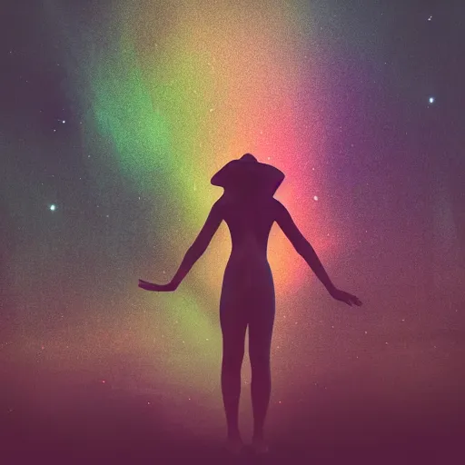 Image similar to A picture of a planet of various colors and plants, in which the human figure is dressed in something magical and impressive, inside the picture is infinity, sunset light, Atmospheric phenomenon, artistic photography, muted colors, conceptual