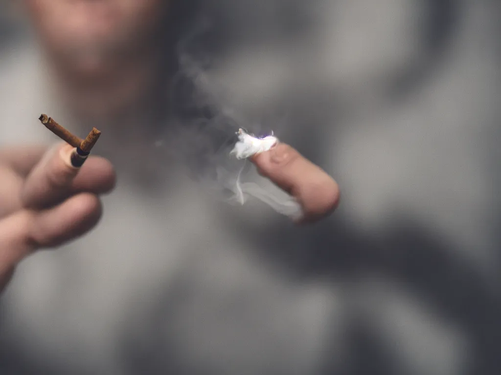 Prompt: Close-up view of hyperrealistic thin soft hand holding cigarette with smoke, hyper realistic photo, 4K