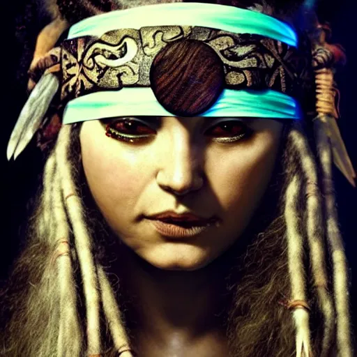 Prompt: A young blindfolded shaman woman with a decorated headband performing a pagan ritual, in the style of heilung, blue hair dreadlocks and wood on her head, tribal piercing and tatoos , atmospheric lighting, intricate detail, cgsociety, ambient light, dynamic lighting, art by karol bak