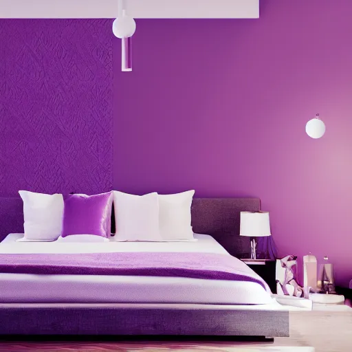 Image similar to interior of a beautiful and cozy bedroom, modern minimal design, vaporwave wallpaper texture, vivid lighting, purple color scheme, photorealist, 4 k