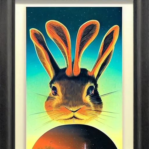 Image similar to A rabbit full of hope, looking for a black hole in an infinite time loop by Vincent Di Fate