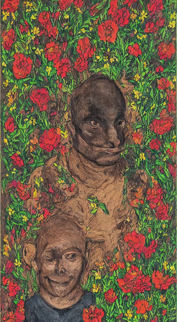 Image similar to a portrait of an ant faced man rounded by flowers, by well renowned world artist