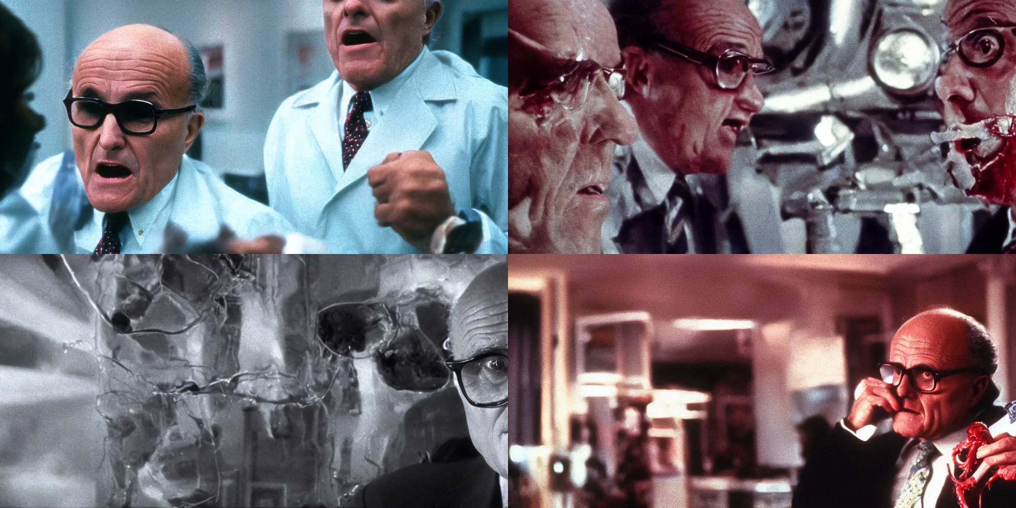 Prompt: rudy giuliani in the thing ( 1 9 8 2 ) directed by john carpenter, alien red tentacles, flesh chunks, flamethrower, cinestill 8 0 0 t, 1 9 8 0 s movie still, film grain