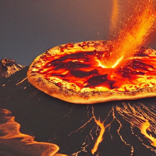 Image similar to a volcano erupting on a giant pizza