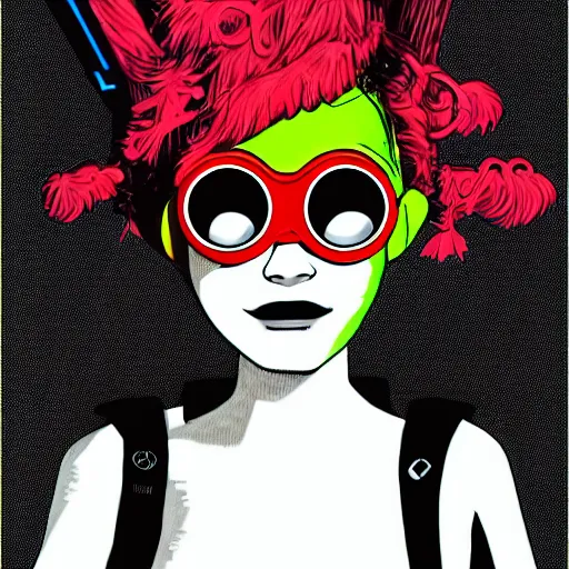 Prompt: cybergoth girl wearing goggles and eccentric jewelry by jamie hewlett, jamie hewlett art - h 7 6 8