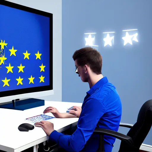 Prompt: european union eu hybrid influencer on blue shirt sitting on chair with eu flag on computer playing games on led keyboard and gaming mouse in style of American propaganda poster, big nosed, eu flag, european union flag, dark and gloom, extremely detailed oil painting, open room, highly detailed, trending on artstation, concept art, sharp focus, illustration, art by artgerm and greg rutkowski and magali villeneuve