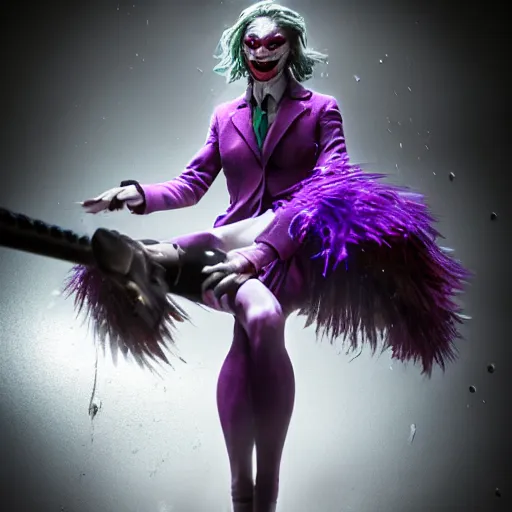 Image similar to full body pose, hyperrealistic photograph of female joker, dim volumetric lighting, 8 k, octane beautifully detailed render, extremely hyper detailed, intricate, epic composition, cinematic lighting, masterpiece, trending on artstation, very very detailed, stunning, hdr, smooth, sharp focus, high resolution, award, winning photo, dslr, 5 0 mm