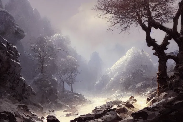 Image similar to a beautiful oil painting of a rocky valley covered in snow, trees with blue leaves, thunderstorm in the sky, blue lighting, gloomy, atmospheric lighting, detailed, beautiful!! by greg rutkowski, trending on artstation