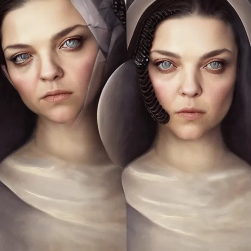 Image similar to tom bagshaw portrait, beautiful mix of natalie dormer and natalie portman in desert robes, black hair, professionally retouched, focus eyes, ultra realistic soft painting, insanely detailed linework, symmetrical accurate intricate features, behance, 8 k