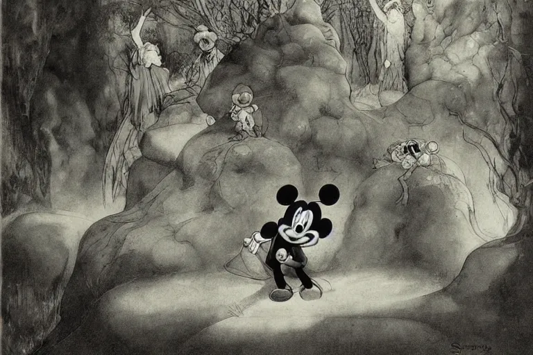 Image similar to magical 1920's style disney art of a mickey mouse scene by sidney sime gustave dore goya