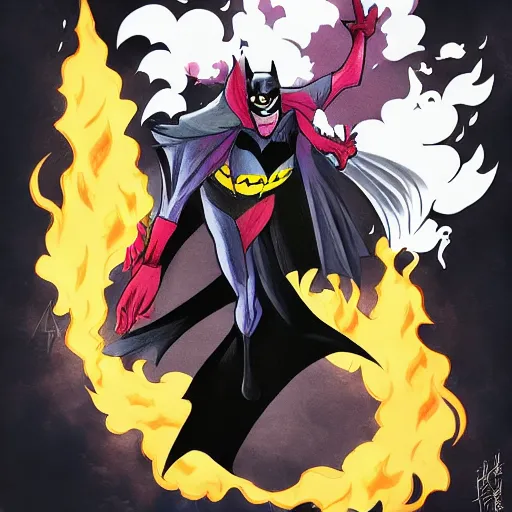 Prompt: batman putting the joker on fire, trending on artstation, hiroaki tsutsumi style