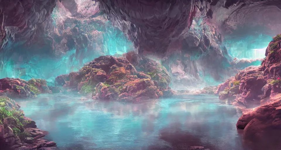 Image similar to a river in a marble cave system with big tea cups floating down it carrying people, vivid colors, matte painting, 8K, concept art, mystical color scheme, trending on artstation