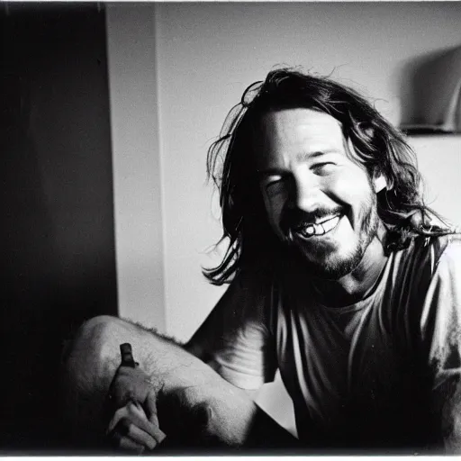 Image similar to 3 5 mm photograph of eddie vedder laughing at the moon