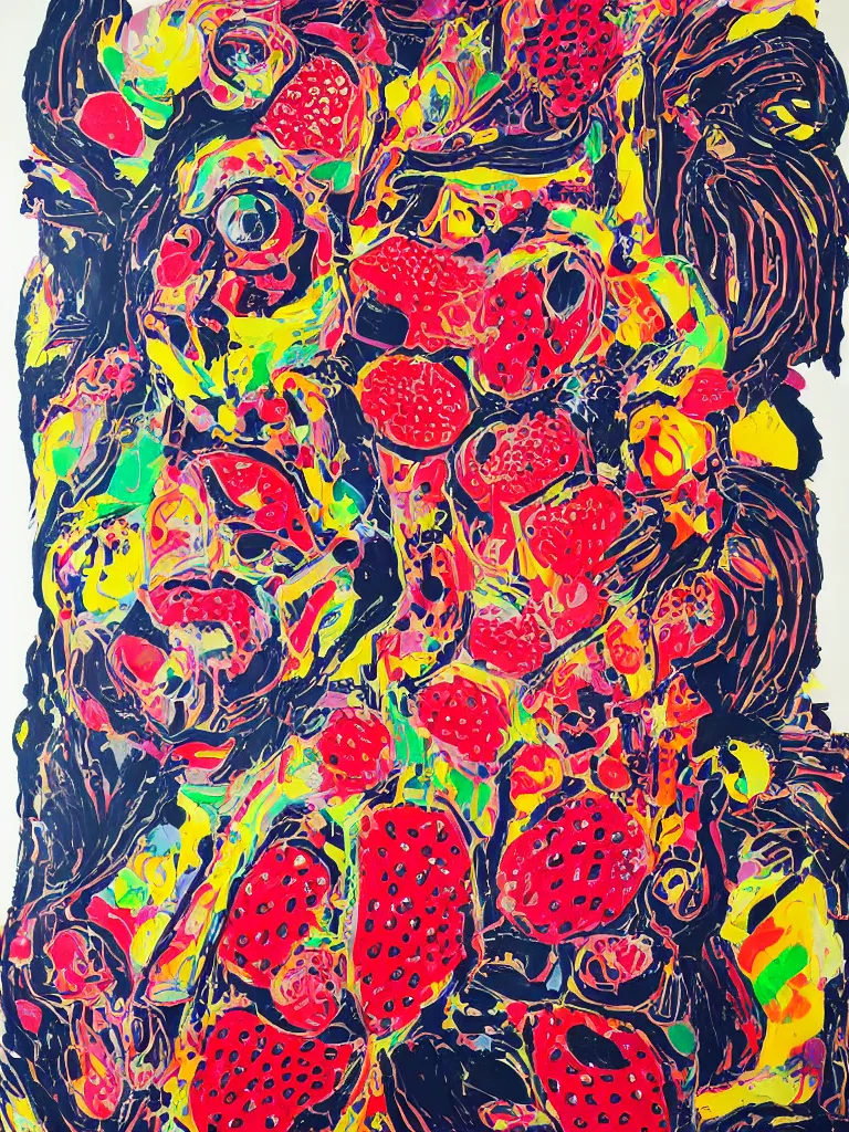 Image similar to “art in an Australian artist’s apartment, portrait of a woman wearing white cotton cloth, eating luscious fresh raspberries and strawberries and blueberries, edible flowers, black background, aboriginal Dreamtime, Eora, Gadigal, intricate, bold colour, acrylic and spray paint and wax and oilstick on canvas”