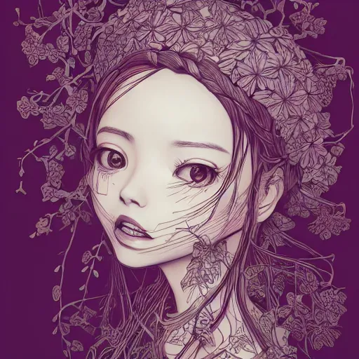 Prompt: the head of an unbelievably elegant and cute japanese girl partially made of potatoes roots and violets, an ultrafine detailed illustration by james jean, final fantasy, intricate linework, bright colors, behance contest winner, vanitas, angular, altermodern, unreal engine 5 highly rendered, global illumination, radiant light, detailed and intricate environment