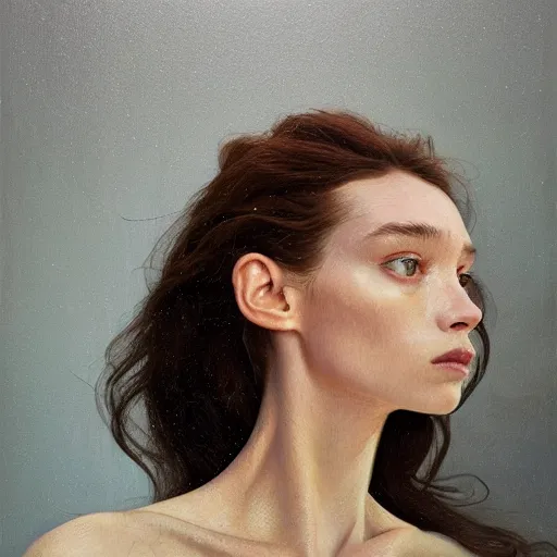 Prompt: Astrid Frisbey in the style of Paola Vetri, head and shoulders portrait, stormy weather, extremely detailed masterpiece, oil on canvas, low-key neon lighting, artstation, Blade Runner 2049, Roger Deakin’s cinematography, by J. C. Leyendecker and Peter Paul Rubens and Edward Hopper and Michael Sowa,