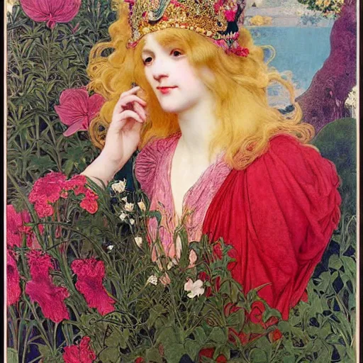 Image similar to beautiful blonde young woman wearing an elaborate jeweled headdress with lilies portrait by frank cadogan cowper, maxfield parrish, william morris, edmund dulac, and alphonse mucha, beautiful refined detailed dreamscape