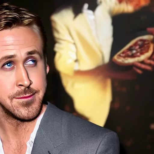 Image similar to ryan gosling burns his tongue on a pizza