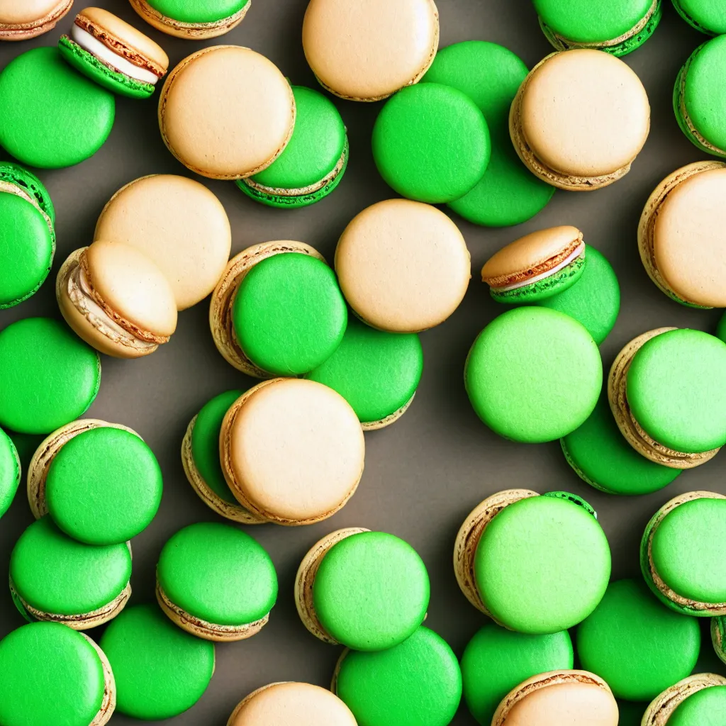 Image similar to top-down view of macarons on top of a green surface, 8k, high detail, photorealistic, proper shading