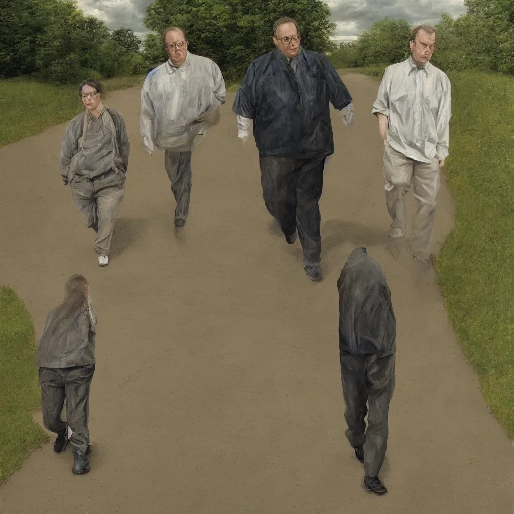 Image similar to high quality high detail painting of todd solondz walking with a friend by lucian freud and gregory crewdson, hd, photorealistic lighting