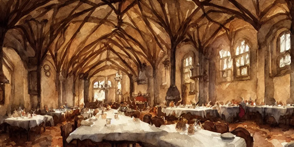 Image similar to medieval dining hall, exquisite masterpiece watercolor painting, trending on artstation