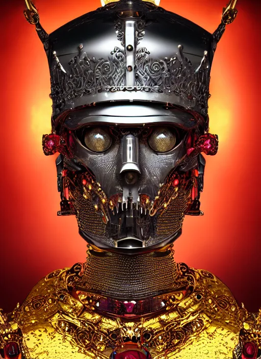 Image similar to portrait of king arthur knight cyborg with a golden crown with red gemstones, studio portrait against a black background, modern fine art, fractal, intricate, elegant, highly detailed, digital photography, subsurface scattering, in the style of ghost, by jheronimus bosch and yue minjun and giger and greg rutkowski,