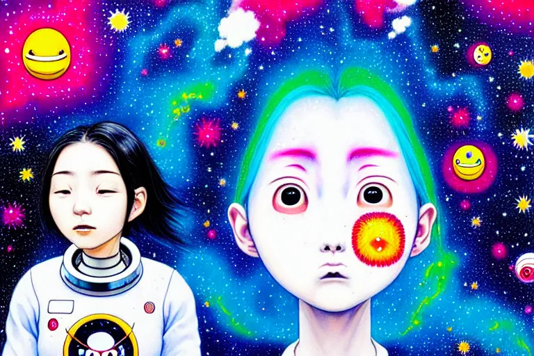 Prompt: hikari shimoda, jame jean portrait of a young female astronaut going insane floating in a nebula, no helmet, flowing hair, takashi murakami, lomography, colorful