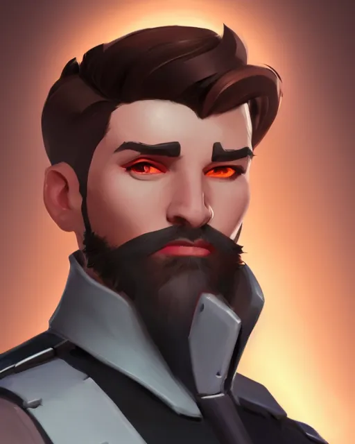 Image similar to overwatch concept art character portrait of a new character who is a young pale man with slicked back hair with soul patch beard and long crooked nose and gaunt cheeks, trending on artstation, cgsociety,