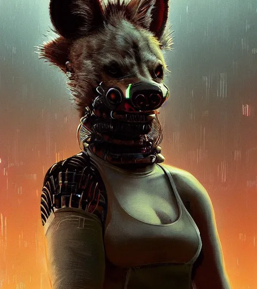 Image similar to new york city portrait of burly surly furry anthro anthropomorphic spotted hyena head animal person fursona wearing clothes strange cybernetic muzzle gloomy rainy screenshot from the video game cyberpunk 2077 digital art by Greg Rutkowski, Simon Stalenhag, christopher nolan trending on Artstation, CGSociety