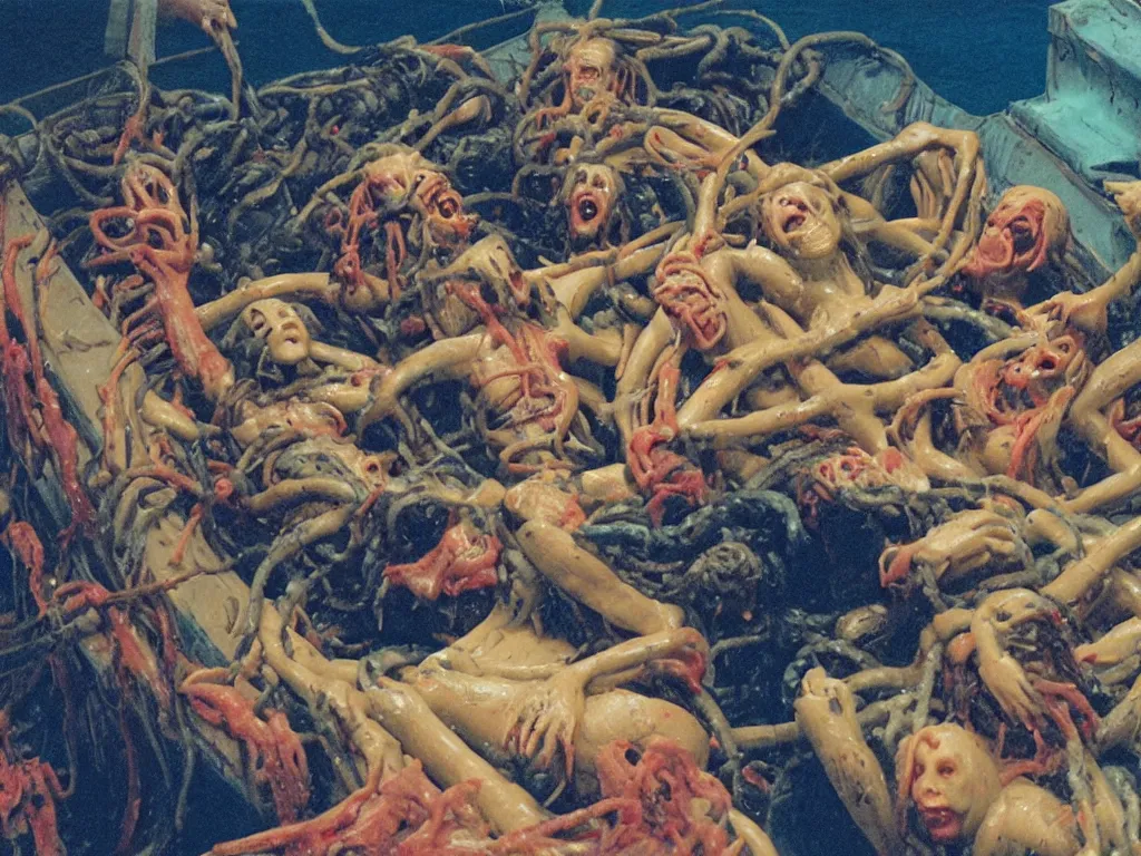 Image similar to the raft of the medusa as an animatronic schlock body horror film, play-doh, neon lights, rubber latex, fleshy, Cronenberg, Rick Baker, dramatic film still, daylight, photo real, extremely detailed, wet, slimy, wide angle, rule of thirds, 28mm, 1984, vivid colors, Eastman EXR 50D 5245/7245