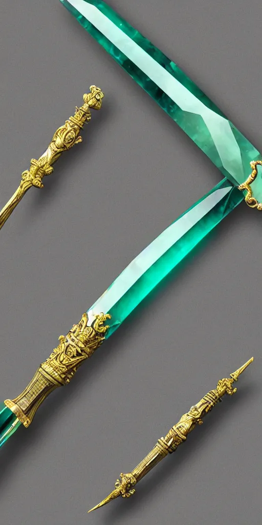 Image similar to photograph of a large green and teal crystal sword with a gold sword hilt